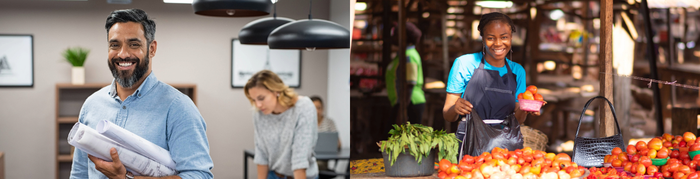 Two people in an office and a woman in a market (collage of two images)