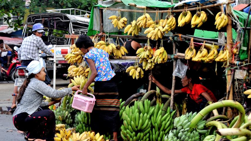 femme achetant des bananes au marché